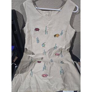 Lily Collection Tan Linen Blend Tank Dress Short Fish Embroidered Women's Large